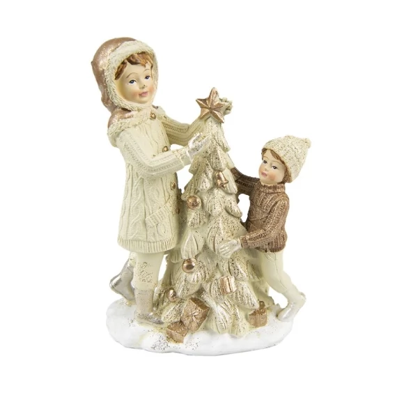 Bézs-barna kötöttpulcsis kislány és kisfiú karácsonyfával, 10x5x14cm, műanyag dekorfigura, CLEEF.6PR4797