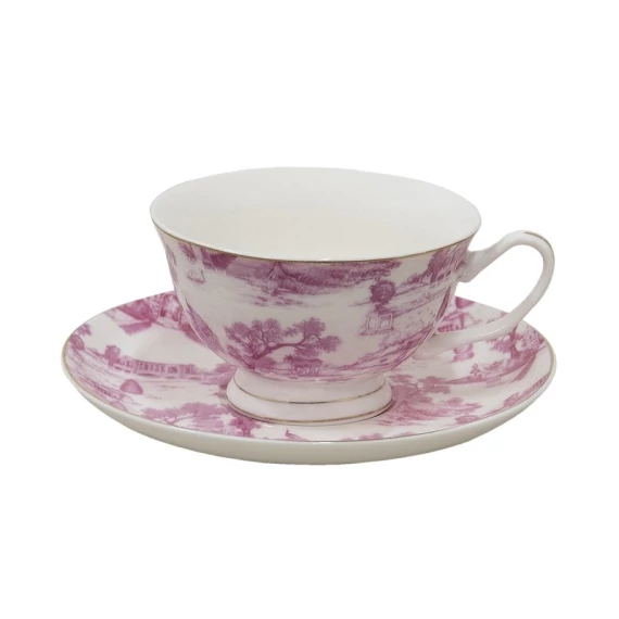 Porceláncsésze+alj, 250ml, keleti tájas, pink, CLEEF.6CEKS0001P