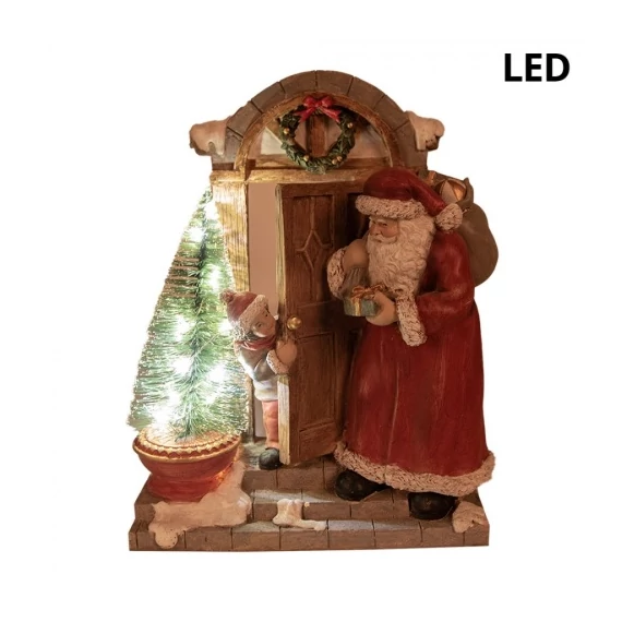 Télapó kisfiú házának ajtajában, LED-es dekorfigura, műanyag, 18x8x22cm, CLEEF.6PR4945