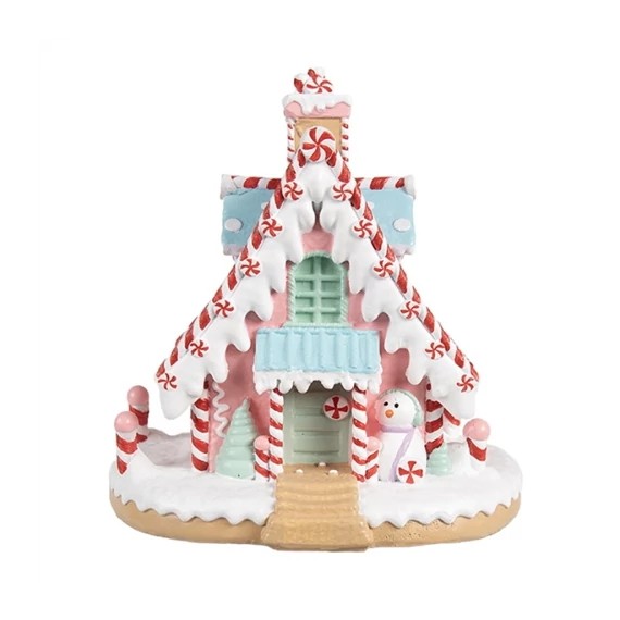 Mézeskalács házikó hóemberrel, 16x13x15cm, műanyag dekorfigura, CLEEF.6PR4268