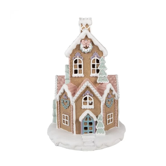 Barna mézeskalács ház LED-es, 21x33cm, műanyag dekorfigura, CLEEF.6PR4307