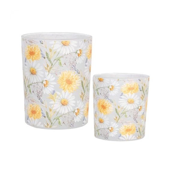 Üveg mécsestartó szett 2 db-os, 7x8/10x13cm, margarétás, CLEEF.6GL4956