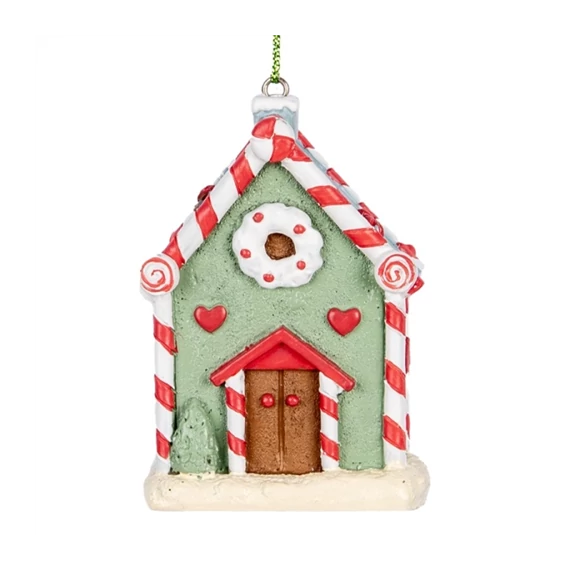 Zöld mézeskalács házikó 6x4x8cm, műanyag dekorfigura függődísz, CLEEF.6PR5324