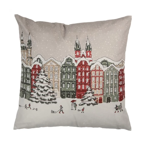 Textil párnahuzat 45x45cm, 100% polyester, téli házsor, CLEEF.KT021.409