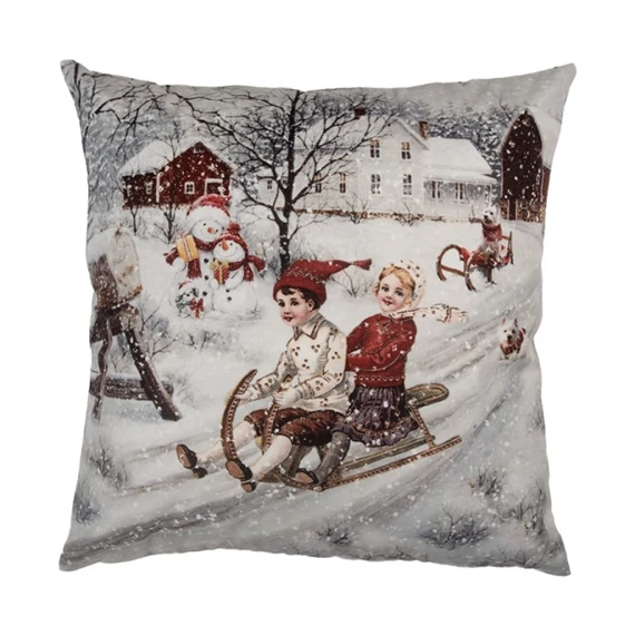 Textil párnahuzat 45x45cm, 100% polyester, téli táj szánkózókkal, CLEEF.KT021.410