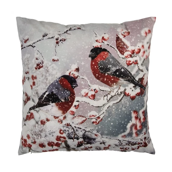 Textil párnahuzat 45x45cm, 100% polyester, madarak havas csipkebogyó ágakon, CLEEF.KT021.413