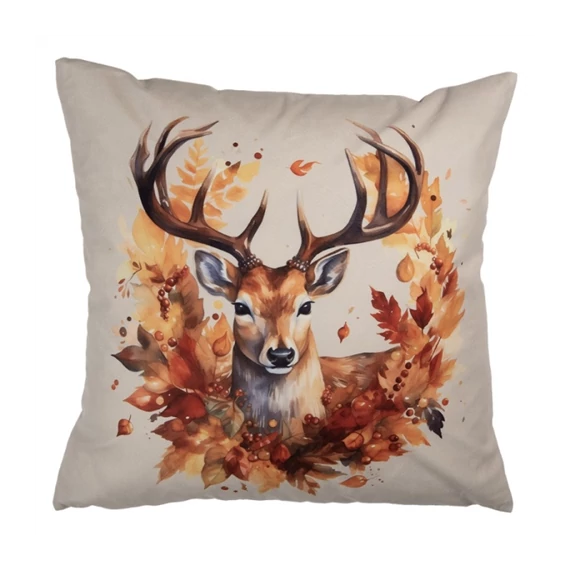 Textil párnahuzat 45x45cm, 100% polyester, szarvas falevélkoszorúban, CLEEF.KT021.416