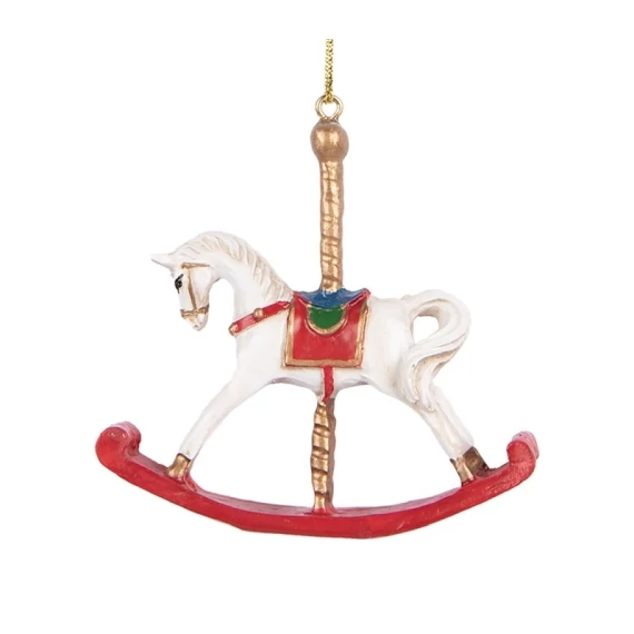 Fehér-piros hintaló függődísz, 8x2x7cm, műanyag dekorfigura, CLEEF.6PR5413