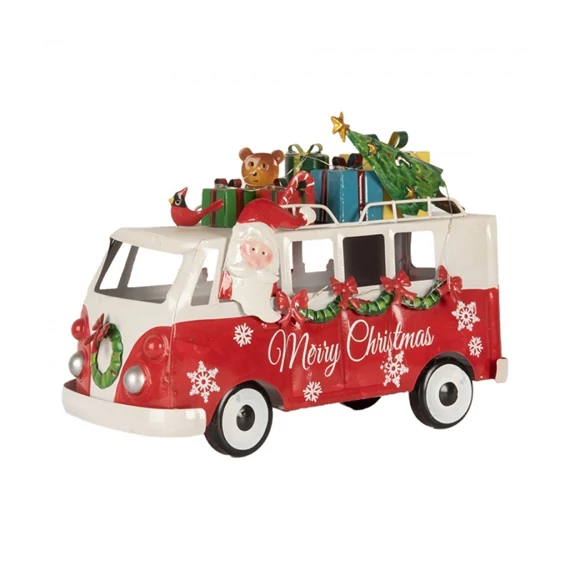 Santa busz LED-es, piros fém dekoráció, 31x15x21cm, CLEEF.6Y5855