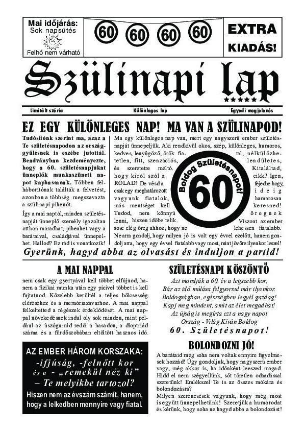 60-as Számos Szülinapi Vicces Újság - 8 oldalas