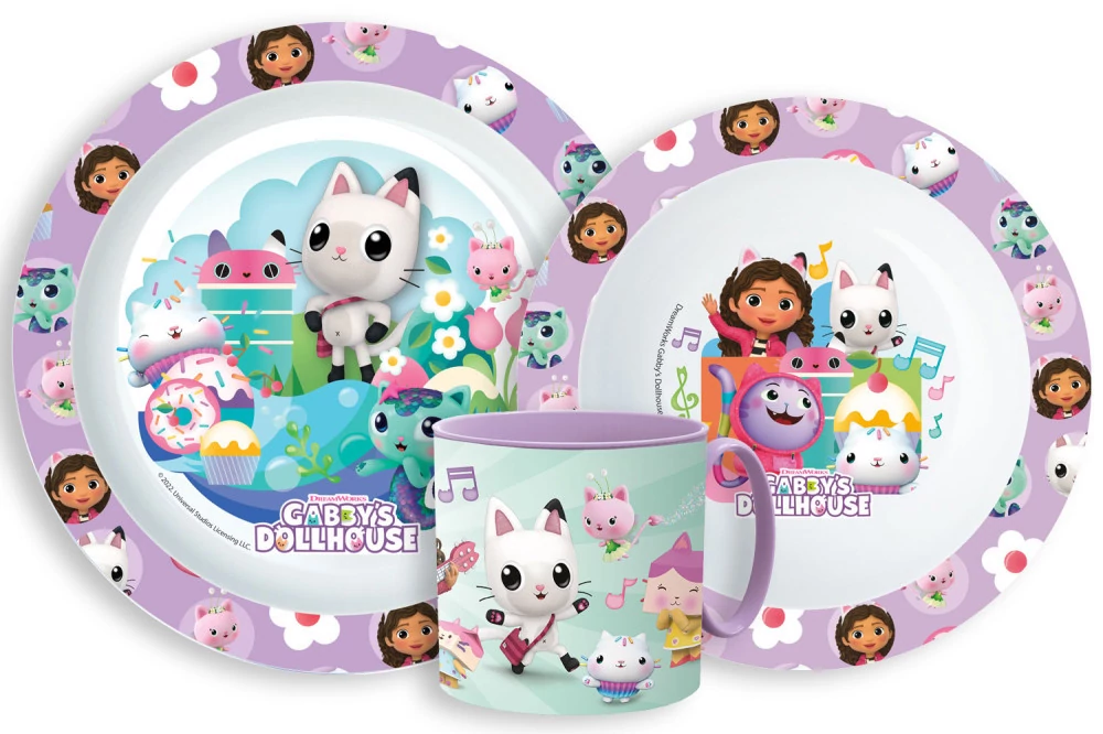 Gabi babaháza Kitty Magic étkészlet, micro műanyag szett bögrével 265 ml