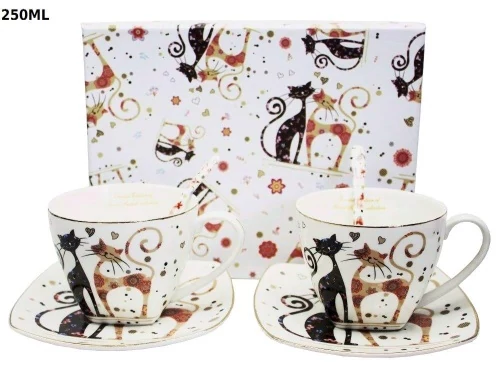 Porceláncsésze+alj kanállal,2 személyes,250ml,fekete-barna virágos cicás, P.P.W20CT160-08908