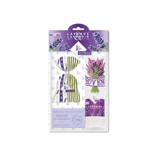 Levendulával töltött Provence zsák 18g+levendulaszappan 100g+hímzett kéztörlő 40x60cm, pamut, LAV.LHP7CP