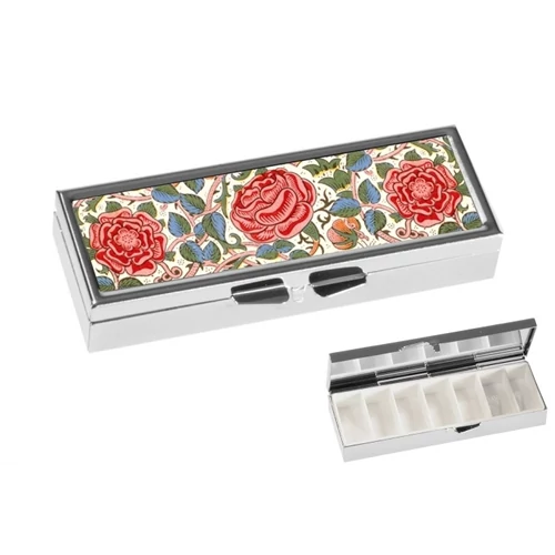 Gyógyszeres fémdoboz 7 fakkos 10x1,8x3cm, William Morris: Roses, FRI.19977