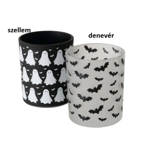 Halloween üveg mécsestartó fekete-fehér, 7x8,3cm, Ghostie, B.G.2058999