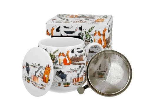 Porcelánbögre tetővel,fémszűrővel,430ml,dobozban,Lazy Cats, D.G.34592
