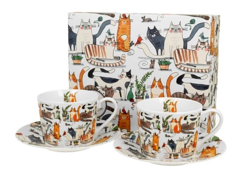 Porceláncsésze+alj,230ml,2 személyes,dobozban,Lazy Cats, D.G.34615