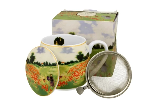 Porcelánbögre tetővel,fémszűrővel, 430ml, dobozban, Monet:Pipacsmező, D.G.35742
