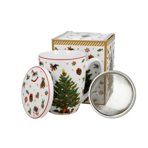 Porcelánbögre tetővel, fémszűrővel, 360ml, dobozban, Christmas Tree, D.G.51384