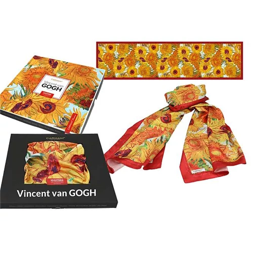Sál 45x180cm,polysatin,Van Gogh: Napraforgók (piros szegéllyel), H.C.023-9120