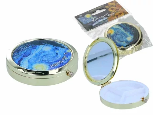 Gyógyszeres fémdoboz 3 fakkos műanyag belsővel,tükörrel 7x7x1,5cm,Van Gogh:Csillagos éj, H.C.181-8211