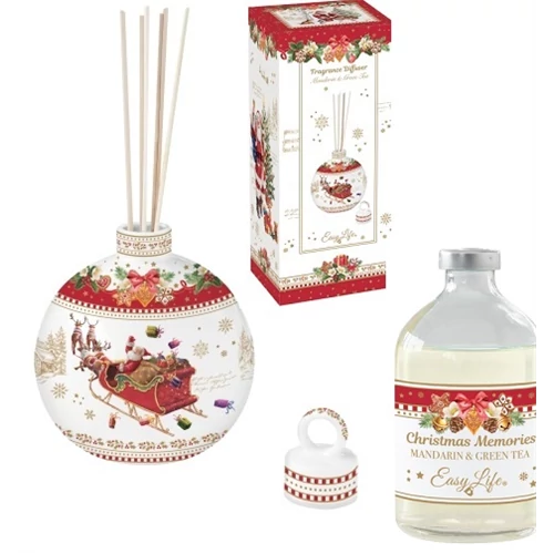 Illatosító olaj (mandarin-zöldtea) 100ml, ratttanpálcikával, porcelántégellyel 10x13cm, Christmas Memories, R2S.1243CHME