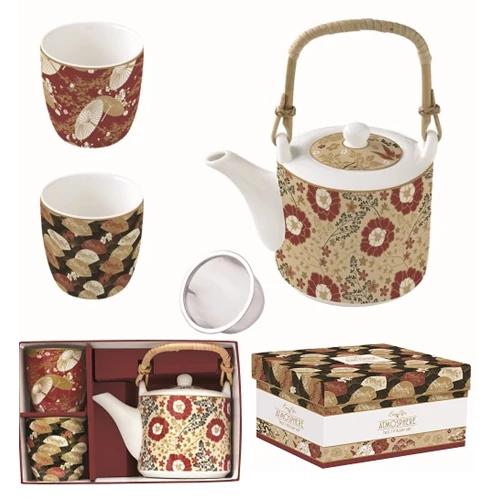 Porcelán teáskanna 600ml, fémszűrővel, 2 porcelánpohárral 160ml, dobozban, Kimono, Atmosphere, R2S.1467KIMO