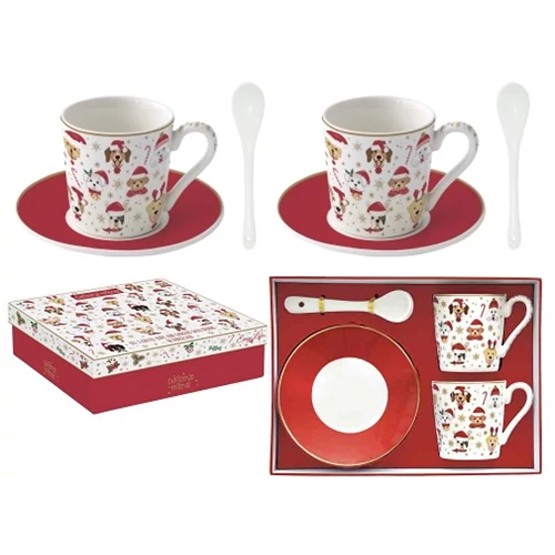 Porcelán eszpresszócsésze+alj, 2 személyes, 100ml, dobozban, Christmas Friends Dogs, R2S.1474CHFD