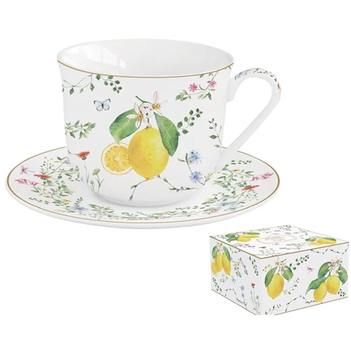 Porcelán reggelizőcsésze+alj 370ml dobozban, Fleur et Citrons, R2S.1182FCIT