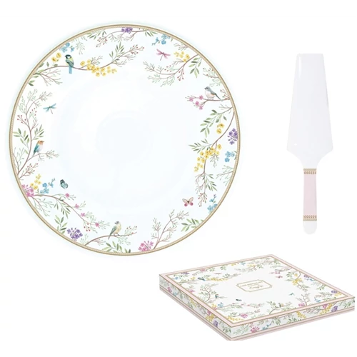 Porcelán tortatál lapáttal, 32cm, dobozban, Birds Melody, R2S.1112BIME