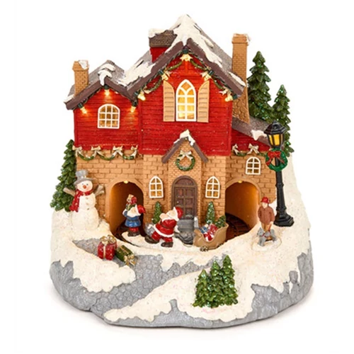 Forgó-zenélő-LED-es életkép, ház télapóval, gyerekekkel, hóemberrel, 22,5x23x22,5cm, N.S.BV240906
