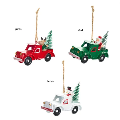 Merry Christmas autó 10x5x8cm, fém-műanyag függődísz dekorfigura, zöld, N.S.LWG251612C