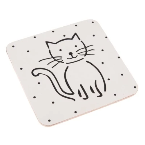 Parafa poháralátét szett, 6 db-os, 10,5x10,5cm, fehér alapon fekete macska, DAK.ME505