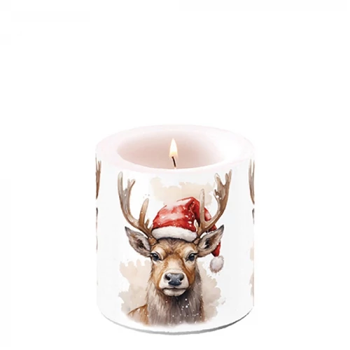 Deer with Santa hat white átvilágítós gyertya 8x7,5cm, AMB.39220280