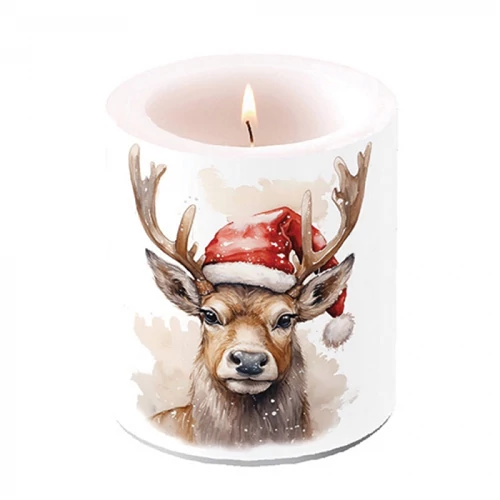 Deer with Santa hat white átvilágítós gyertya 10x10xcm, AMB.39320280