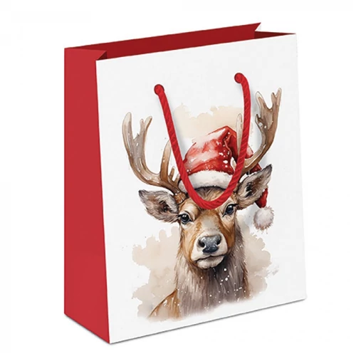 Deer with Santa hat white papír ajándéktáska 22x13x25cm, AMB.31220280