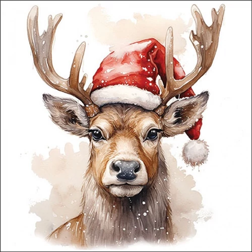 Deer with Santa hat white papírszalvéta 33x33cm, 20db-os, AMB.33320280