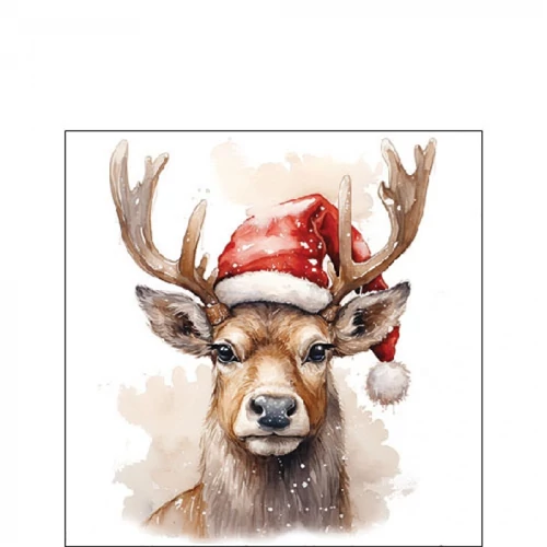 Deer with Santa hat white papírszalvéta 25x25cm, 20db-os, AMB.32520280