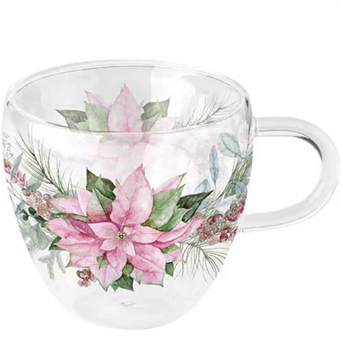 Pink poinsettia duplafalú borosilicate üvegcsésze 0,25L, AMB.34420285