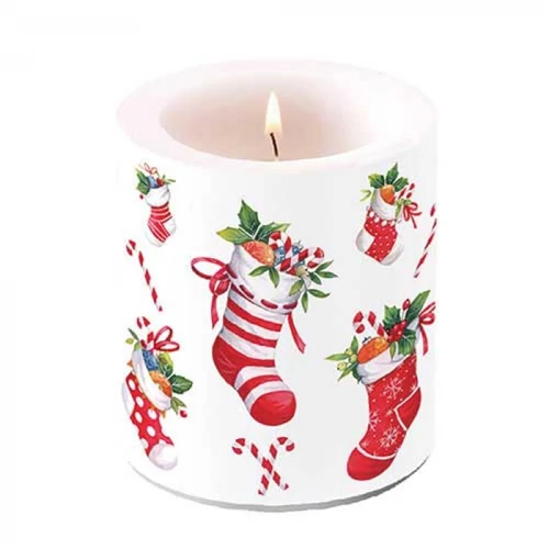 X-mas stockings white átvilágítós gyertya 10x10xcm, AMB.39320200