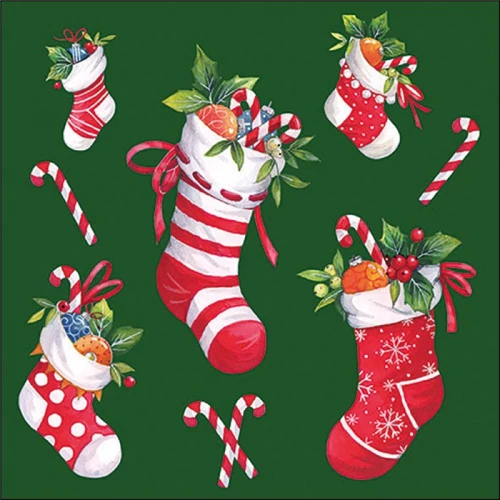 X-mas stockings green papírszalvéta 33x33cm, 20db-os, AMB.33320201