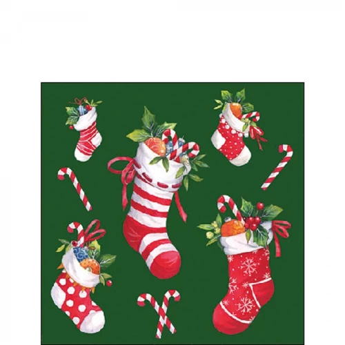 X-mas stockings green papírszalvéta 25x25cm, 20db-os, AMB.32520201