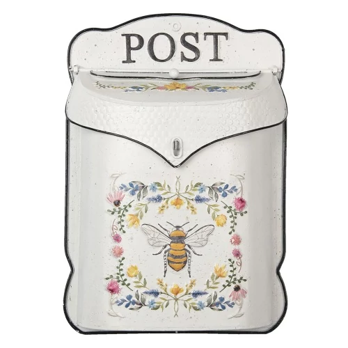Fehér fém postaláda színes virágos, méhecskés, 27x8x39cm, CLEEF.6Y4242