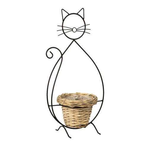 Macska alakú fém virágtartó rattankosárral 27x16x52cm, CLEEF.6Y4705