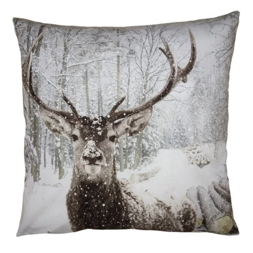 Textil párnahuzat 45x45cm, polyester, szarvas havas tájon, CLEEF.KT021.333