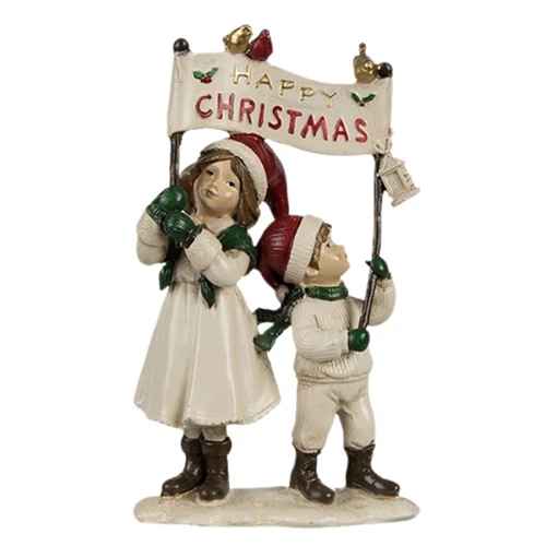 Happy Christmas táblát tartó gyerekek, 14x7x23cm, műnyag dekorfigura, CLEEF.6PR4184