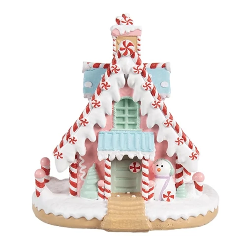 Mézeskalács házikó hóemberrel, 16x13x15cm, műanyag dekorfigura, CLEEF.6PR4268