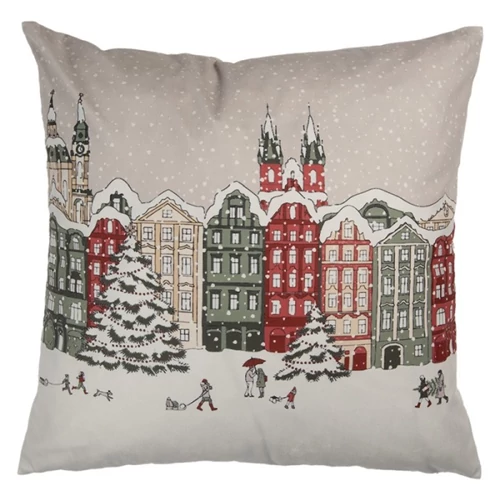 Textil párnahuzat 45x45cm, 100% polyester, téli házsor, CLEEF.KT021.409