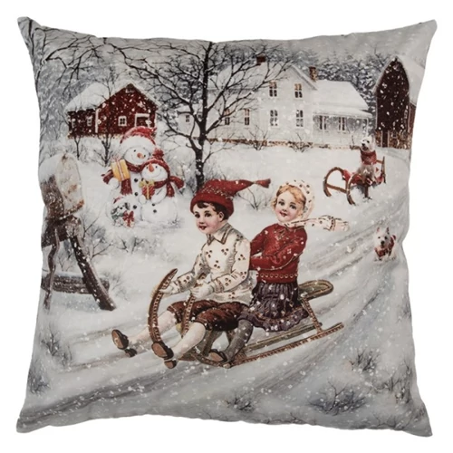Textil párnahuzat 45x45cm, 100% polyester, téli táj szánkózókkal, CLEEF.KT021.410