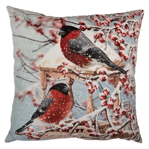 Textil párnahuzat 45x45cm, 100% polyester, madarak havas csipkebogyó ágakon madáretetővel, CLEEF.KT021.412